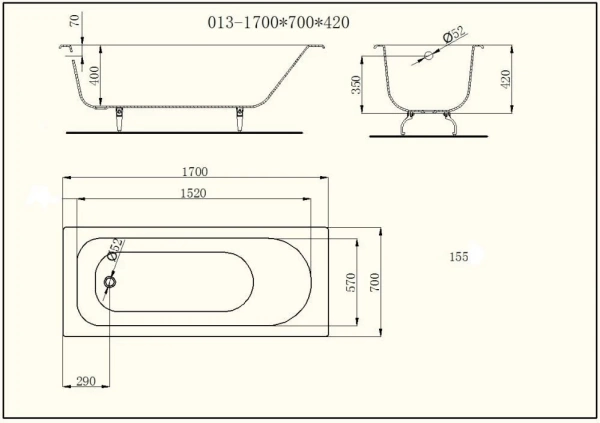 Чугунная ванна Castalia 170х70 комплект 