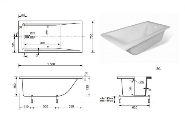 Ванна из искусственного камня Эстет Дельта 150х75 с возможностью изменения размера (комплект) с подставкой и сливом