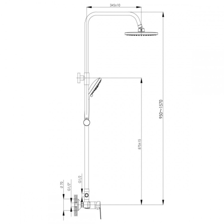 Смеситель Rossinka S35-45 для душа с регулируемой высотой штанги и лейкой "Тропический дождь"