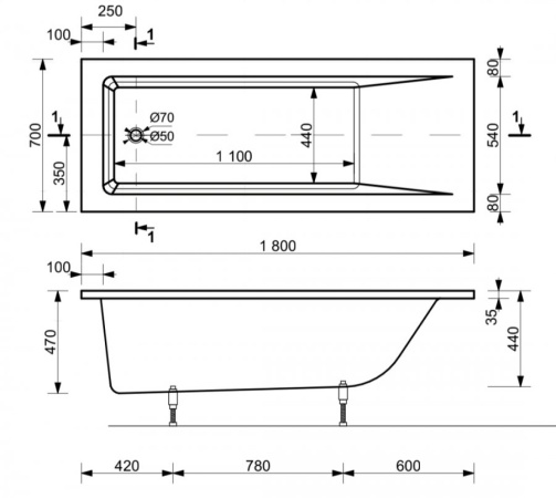Ванна из искусственного камня Эстет Дельта 180А 180х70 с возможностью изменения размера с подставкой и  сливом