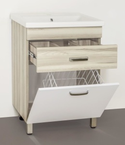 Тумба с раковиной Style Line Ориноко 60 белая/светлое дерево с бельевой корзиной