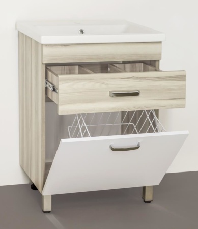 Тумба с раковиной Style Line Ориноко 60 белая/светлое дерево с бельевой корзиной