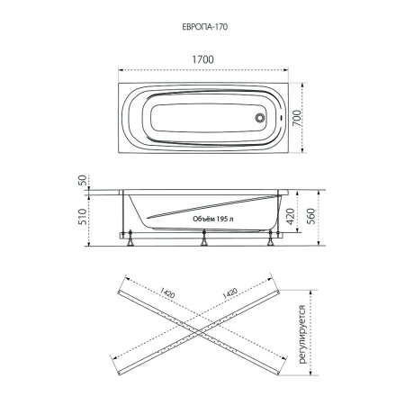 Акриловая ванна Тритон Европа 170x70х59 в наличии