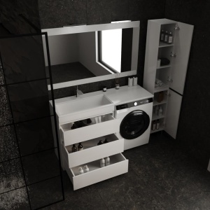 Тумба с раковиной Style Line Даллас 140 L Люкс напольная белая под стиральную машину 3 ящика