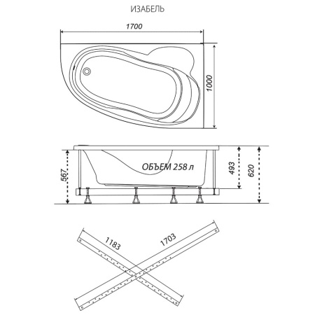 Акриловая ванна Тритон Изабель 170х100х62, левая 