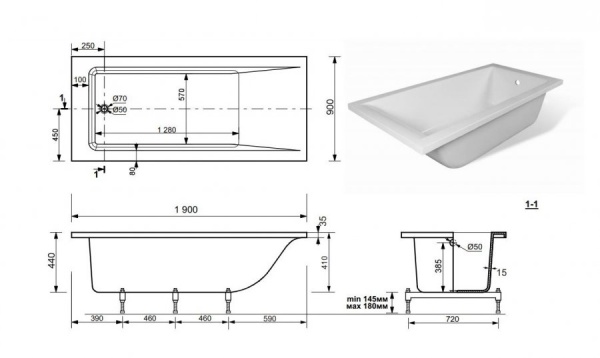 Ванна из искусственного камня Эстет Дельта 190х90 с возможностью изменения размера (комплект) с подставкой и сливом