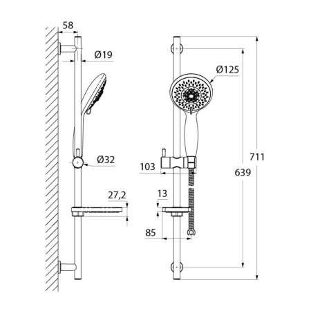 TSH0601 Душ.гарнитур(стойка 710мм,лейка 5F D125мм,шланг нерж.сталь 1,5м)