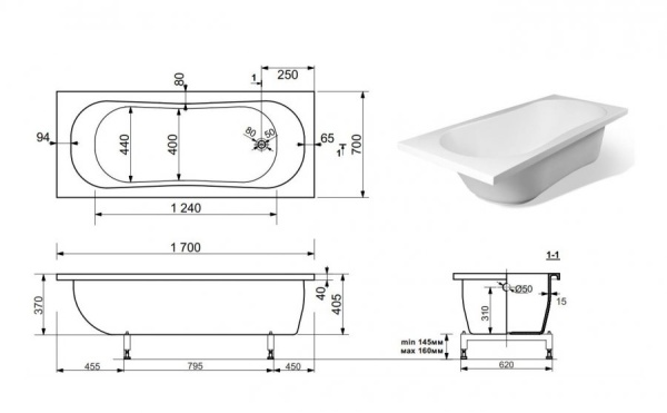 Ванна из искусственного камня Эстет Лаура 170х70 с возможностью изменения размера (комплект) с подставкой и  сливом 