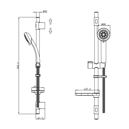 TSH1501 Душ.гарнитур(стойка 656мм,лейка 3F D80мм,шланг нерж.сталь 1,5м)