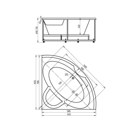 Акриловая ванна Aquatek Поларис-1 140,5х140,5 полный комлект
