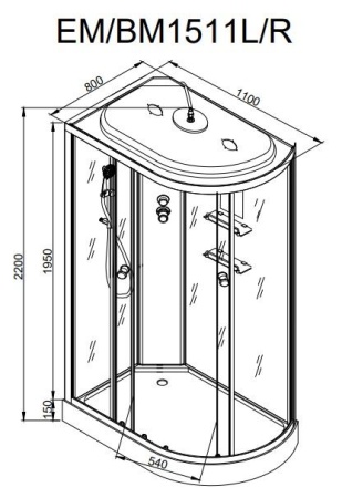 Душевая кабина Deto EM1511 110х80х220 R стандартная